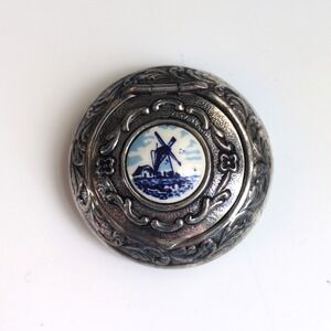 Vtg Delft Porcelain & Dutch Silver Pill Box Blue Windmill Trinket
